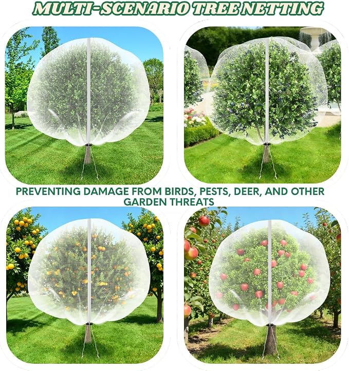 4 Pack 10x10ft Fruit Tree Netting - Bird Proof Tree Nets for Fruit Trees, Reusable Fruit Tree Covers with Drawstring, Heavy Duty Mesh to Protect from Birds, Squirrels, Deer & Insects