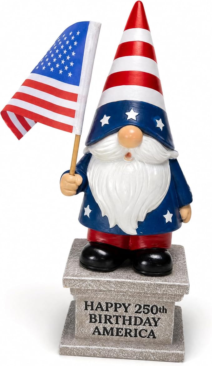 4th of July Garden Gnome with Solar Lantern 12'' Patriotic Resin Statue for Yard, Lawn, Patio - American Flag Outdoor Decoration for Memorial Day & USA 250th Anniversary Independence Day CLEARANCE