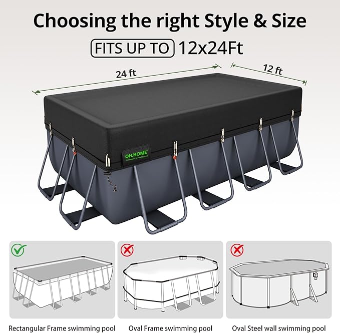 QH.HOME 550D 12x24 Ft Rectangular Pool Cover [Upgraded Tear Resistant & Quadruple Windpoof]wth Pre-Installed Winch and Rope,Pool Covers for Above Ground Pools Rectangle-Snug Fit&Waterproof Protection