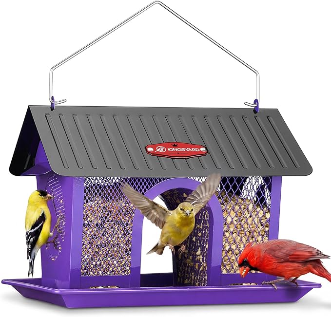 Kingsyard Bird Feeder for Outdoors Hanging, Dual-Use Metal Mesh Wild Bird Feeders with Seed Tray & Weatherproof Roof, 3 lbs Large Capacity, Purple