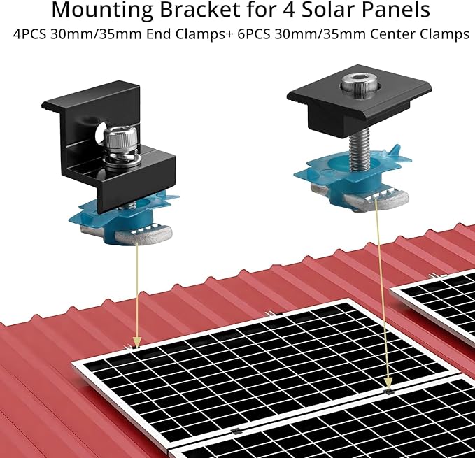 Anbte 10 PCS Solar Panel Mounting Brackets for Unistrut, Aluminium 30mm/35mm 6 x T-Shaped Mid Clamps + 4 x End Clamps, Solar Panel Mounting Kit for Metal, Tin, Flat, Sheet Roofs, RV, Black