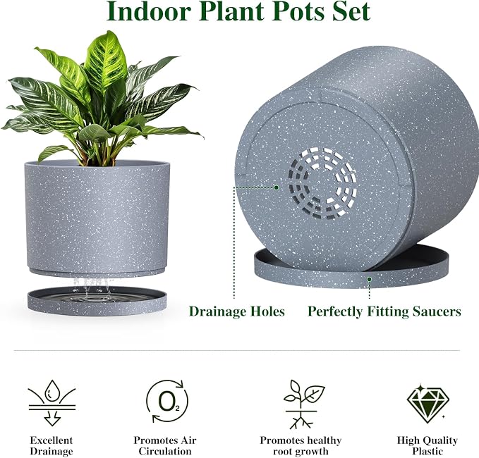 Plant Pots, 10/9/8 Inch 3 Pack Cylindrical Flower Pots with Drainage Holes and Saucers, Plastic Planters for Outdoor Indoor Plants,Grey with White Speckles