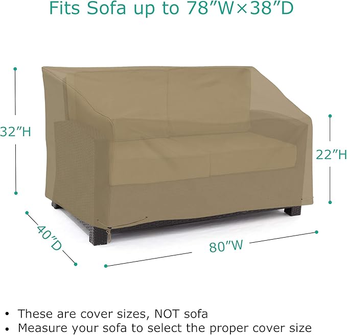 SunPatio Outdoor Loveseat Cover, Patio Heavy Duty Waterproof Deep Sofa Cover with Sealed Seam, Patio Furniture Cover, 80''L x 39''W x 32''/22''H, FadeStop Material, All Weather Protection, Taupe