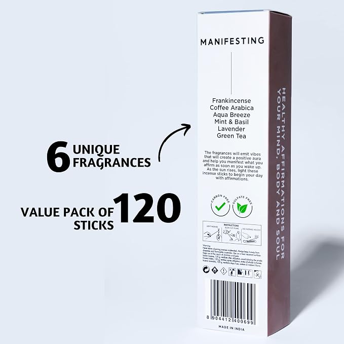 Folkulture Incense Sticks (120 Sticks) | Set of 6 Premium Incense For Manifesting, Aromatherapy, Gifts | No Charcoal,Organic, Non Toxic, 45 Mins, Long Burning Frankincense, Coffee, Mint Insence-Sticks