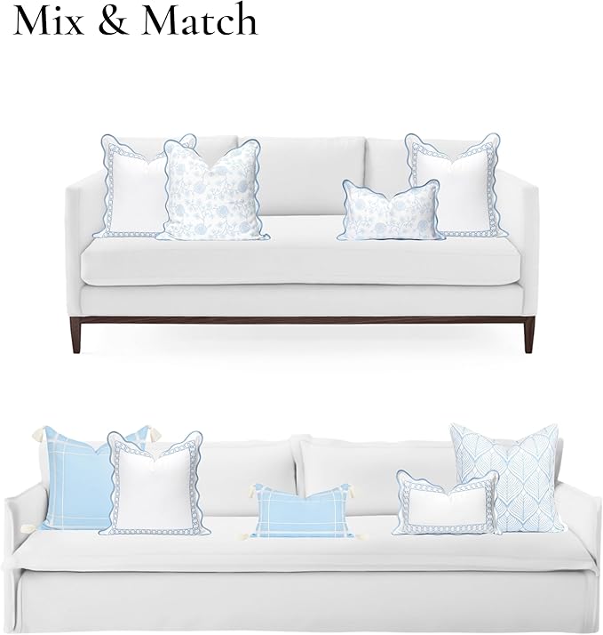 Hofdeco Premium Coastal Patio Indoor Outdoor Scalloped Throw Pillow Cover Only, 20"x20" Water Repellent for Backyard, Couch, Baby Blue Embroidered Begonia Pattern Chain Frame (Pack of 2)