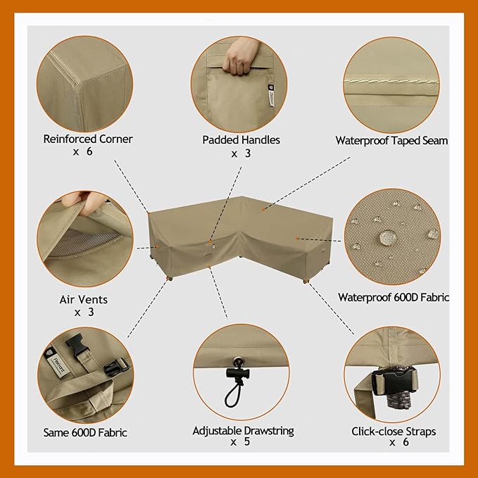 Heavy Duty 600D Patio Couch Cover, Waterproof, Desert Khaki (V-Shaped-90 x 90")