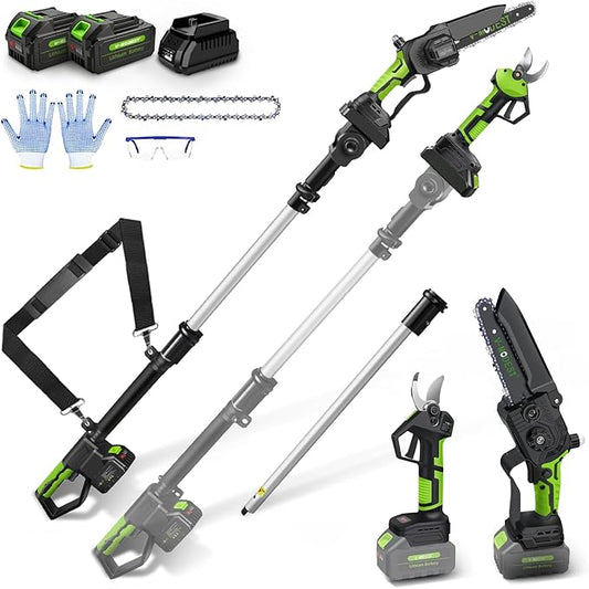 4-in-1 Pole Saw & Electric Pruning Shears, 8 Inch Pole Saws for Tree Trimming, Cordless Pruning Shears with 15ft Max Extension Pole, 2 * 4.0Ah Battery Powered Pole Saw Pole Pruner for Garden