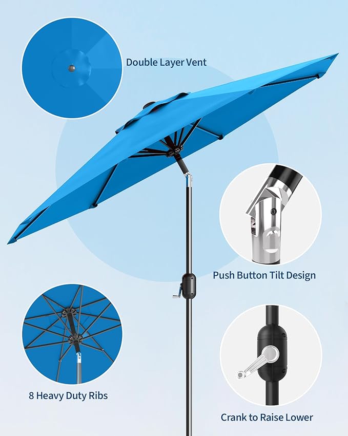 Garvee 9 ft Patio Umbrella - 8 Sturdy Ribs Outdoor Table Umbrella with Crank Lift & Push Button Tilt - Market Umbrella for Pool, Deck, Yard, Garden - Azure