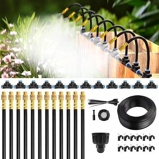 50FT Drip Irrigation System, Garden Watering Kit with 12 360° Adjustable Copper Nozzles, Automatic Irrigation System for Garden, Raised Bed, Potted Plant, Greenhouse, DIY Quick Connect Watering System