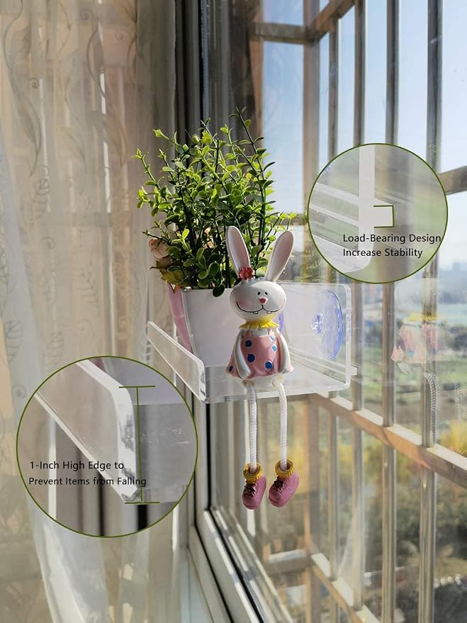 2 Pack Ledge Suction Cup Window Shelf 12 Inch Acrylic Window Box Shelf for Plants Indoor Hold Window Planter Succulents Flowers or Herbs