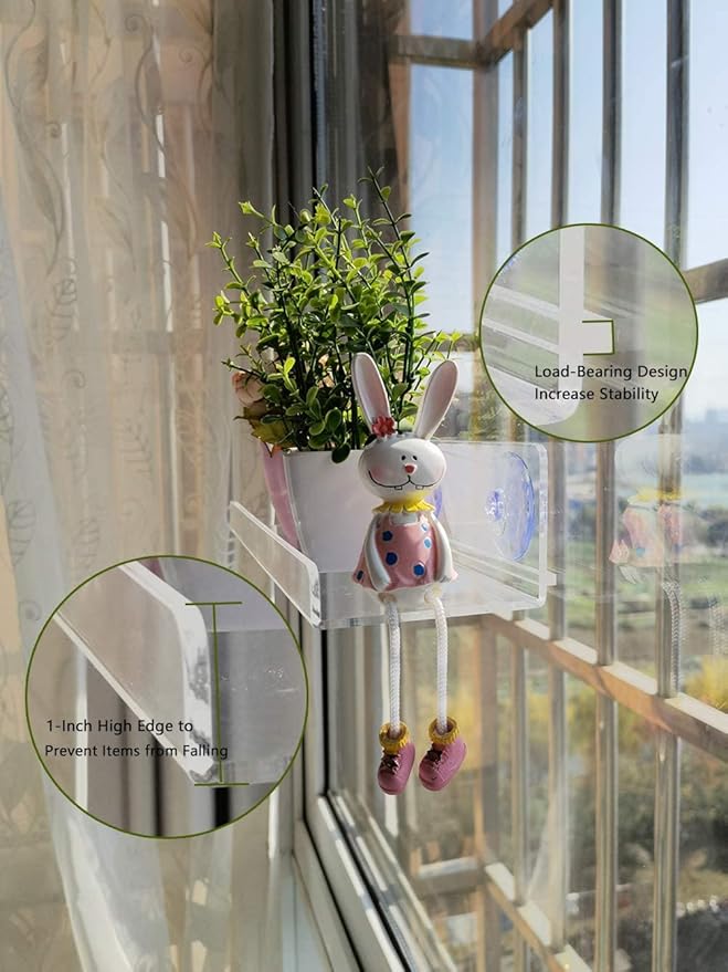 2 Pcs Suction Cup Shelf Ledge Acrylic 15 Inch Window Box Shelf for Plants Indoor Hold Window Planter Succulents