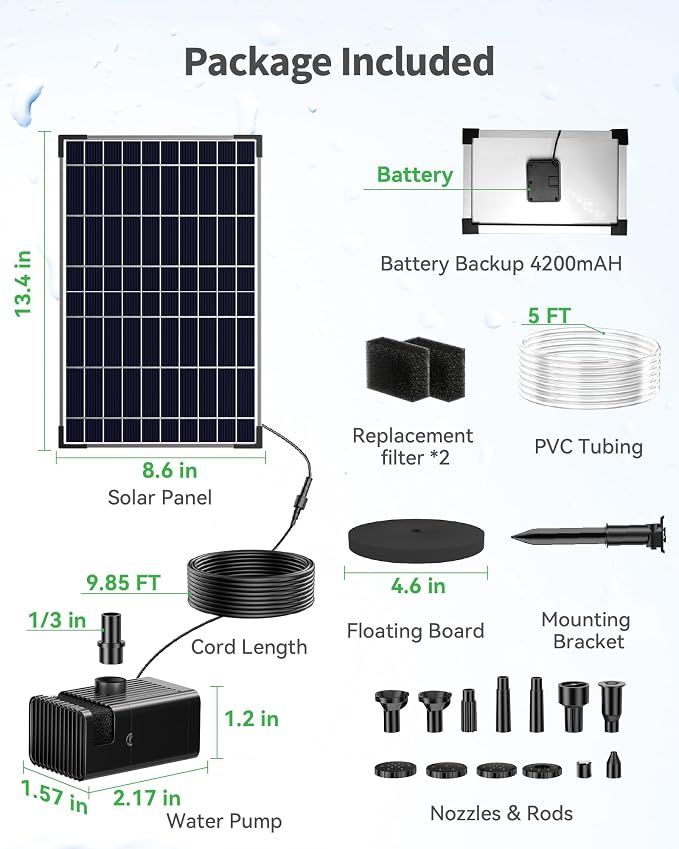 POPOSOAP Solar Fountain Pump, 12W Solar Water Pump Kit with 4400mAh Battery Backup Work All Day, 8 Nozzles & PVC Tubing, Solar Pond Pump for Bird Bath Garden Pond Fish Tank P112D