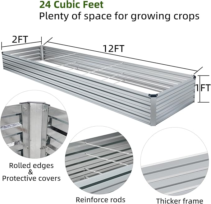 Meberam 2 Pack 12x2x1FT Galvanized Raised Garden Bed Kit, Outdoor Metal Planter Box for Vegetables, Bottomless Rectangular Gardening Bed with Support Rods, Tool-Free Assembly, Silver
