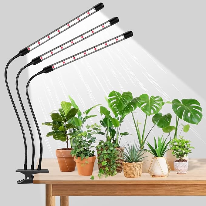 SDOVUERC Tri-Head Clip Grow Light for Indoor Plants, Full Spectrum with 6/12/18H Timer, 5 Dimmable Levels, 3 Spectrum Modes & 360° Gooseneck for Seedlings, Houseplants, Succulents
