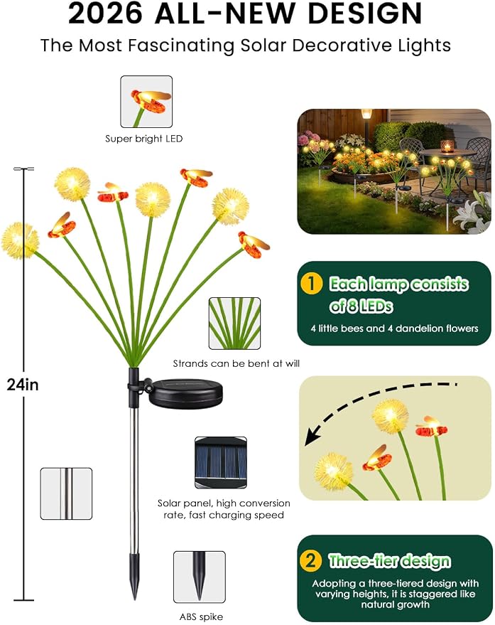 EEW Solar Garden Lights Outdoor 8 Pack 64 LED Swaying Dandelion Bee Lights | Newly 3-Layer Design, Auto On/Off, IP65 Waterproof, 2 Modes, Adjustable Stem, Garden Lawn Pathway Patio Party Decorations