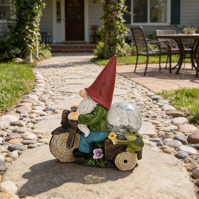 Solar Powered Garden Gnome on Motorcycle with Frog and Crackle Glass Globe, Outdoor LED Light Decor for Patio, Lawn, Yard, and Garden (Red)