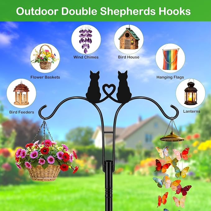 Double Shepherds Hooks for Outdoor, 2 Pack 78 Inch Bird Feeder Pole with 5 Prongs Base, Adjustable Heavy Duty Plant Hangers Cat Art for Outdoor Plants Hummingbird Feeder Hanging Basket Lantern