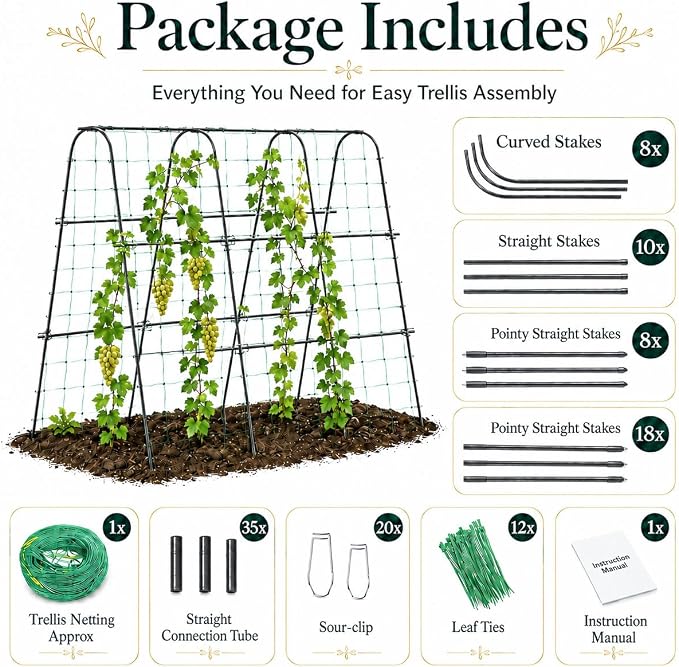 FOLLOOK Cucumber Trellis for Raised Garden Bed, Rustproof Metal Garden Arch Trellis for Climbing Plants Support Outdoor Fruit Grape Vine Vegetable Tomato Bean Pea Trellis, 63x48inch, Black