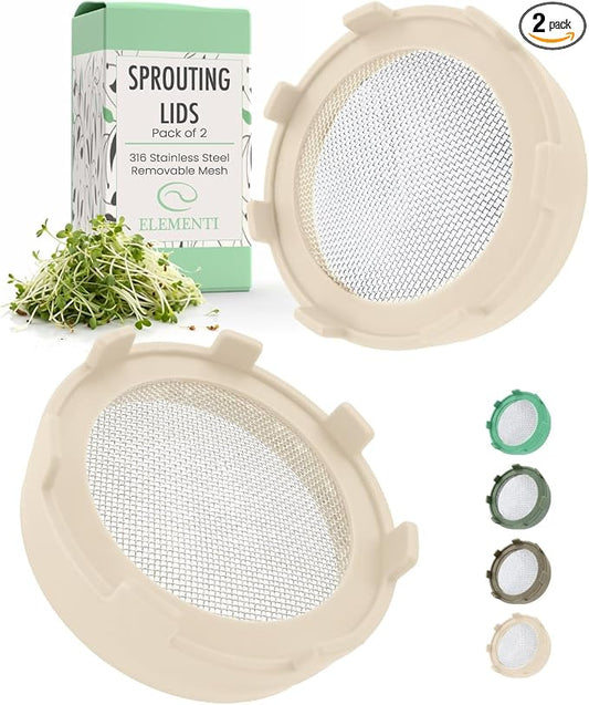 Elementi Sprouts Growing Kit for Wide Mouth Mason Jars, Set of 2 Sprouting Lids for Organic Alfalfa & Mung Bean Sprouts Grow Kit, 316 Stainless Steel Mesh Screen Strainer Lid (Sage Green)