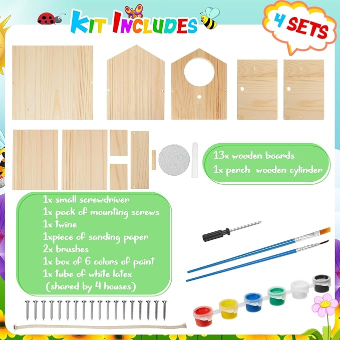 Juexica 4 Pack DIY Birdhouse Kits for Kids Ages 6+ Build and Paint Wooden Bird House Arts and Craft Project with Paint Strips Brushes for Boy Girl Adult Classroom Indoor Outdoor Crafts (Assorted)