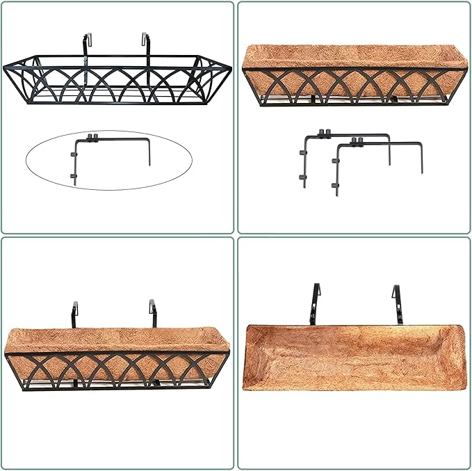 24 Inch Railing Planter Box with Coco Liner, Adjustable Metal Window Box, Hanging Flower Planter Outdoor, for Balcony Deck Fence Garden, Black, Set of 6