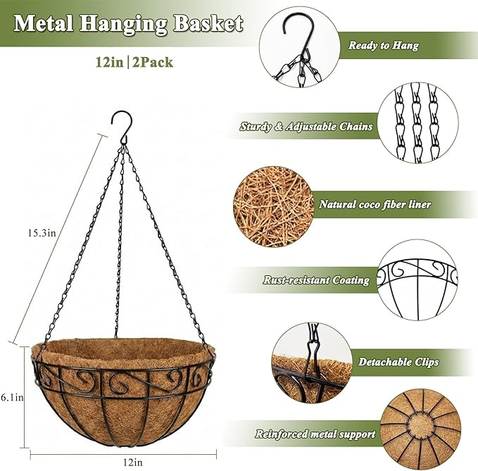 2 Pack Hanging Baskets for Plants Outdoor 12 Inch Metal Hanging Planters with Coco Coir Liner, Round Hanging Flower Pots for Home Garden Patio Balcony Porch