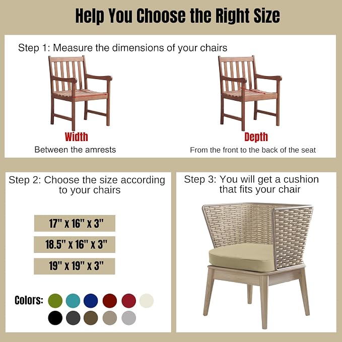 idee-home Outdoor Chair Cushions Set of 4, 19" x 19" x 3" Thick D-Shaped Patio Furniture Outdoor Seat Cushions Waterproof with Ties, Dining Pads