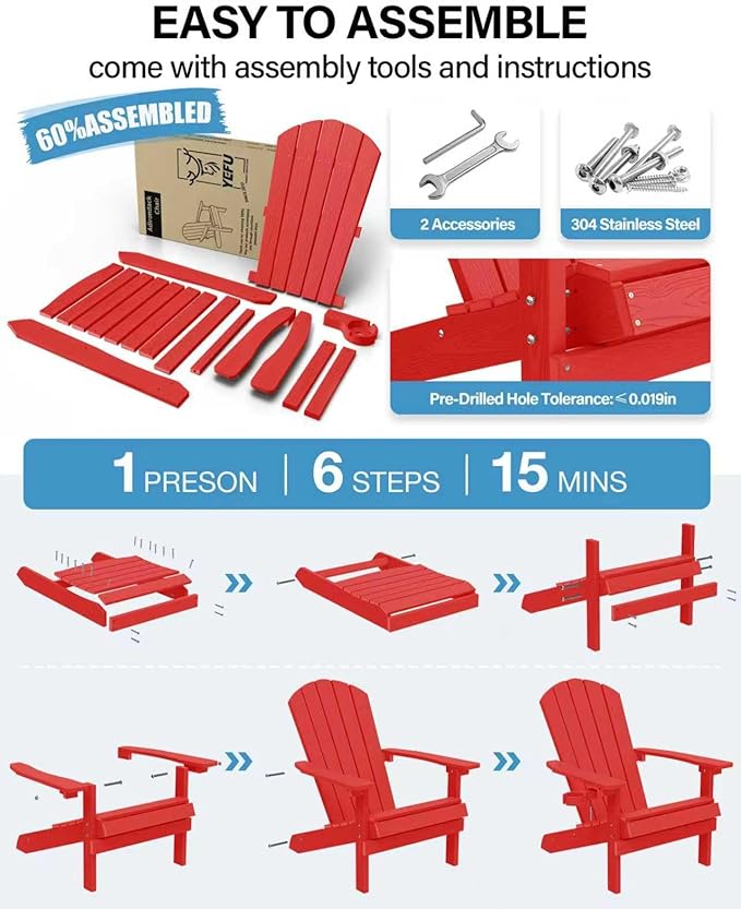YEFU Adirondack Chairs Set of 2: Plastic Adirondack Chairs - Patio Chairs with Wood Texture - Outdoor Chair HIPS - Lawn Fire Pit Deck Porch Garden Chairs for Adults (Red)