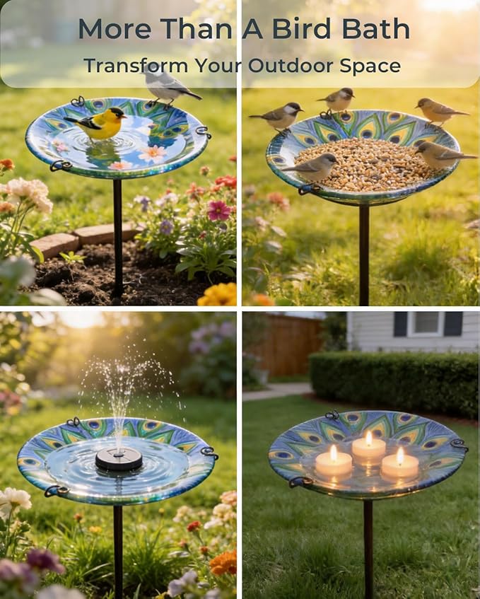 Peacock Bird Bath for Outside Glass Birdbath Bowl & Birdfeeder with Metal Stake for Garden, Yards Lawn Patio, Bird Lovers Gift 10.5" D