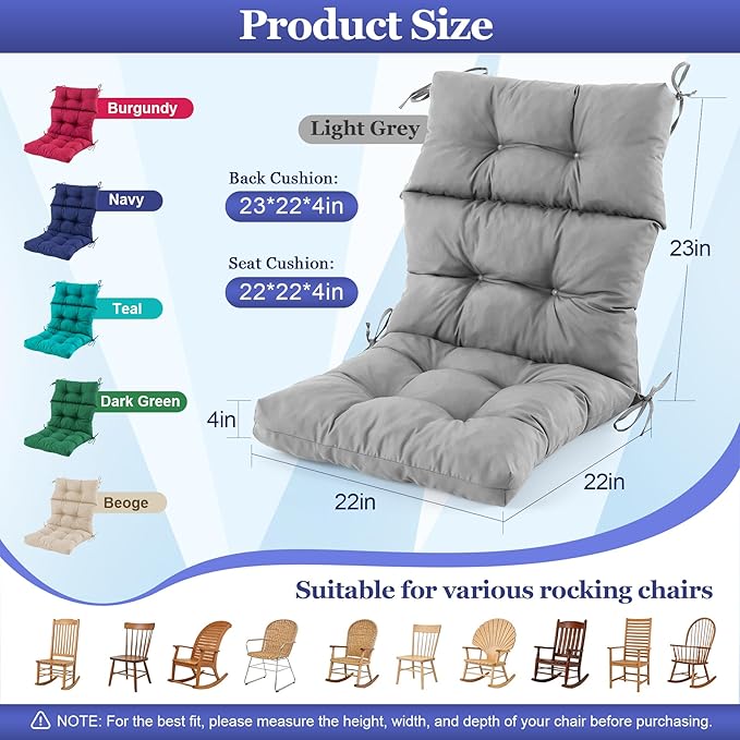 Rocking Chair Cushion, Waterproof and Fade-Resistant Adirondack Rocker Cushions, Indoor/Outdoor Rocking Chair Pads, High Back Memory Foam Patio Furniture Cushions with Ties, 44x23x4 Inch, Light Grey