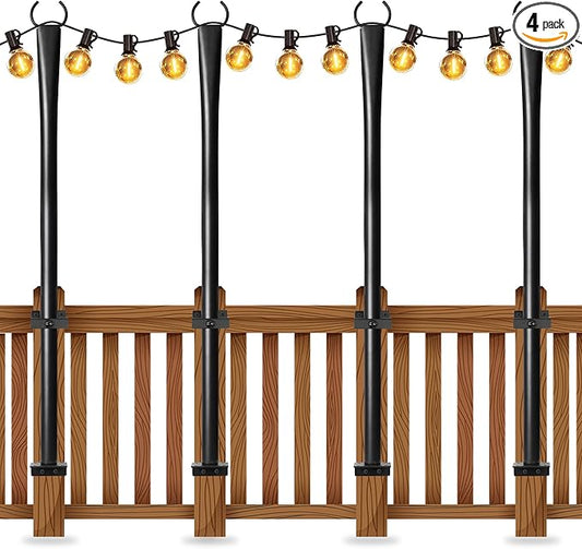 4 Pack String Light Poles for Deck, 5Ft Upgraded Heavy-Duty Metal Deck Light Poles for Outside with Fixing Clips, Lighting Hanging Post Accessories for Patio Decor Garden Backyard Yard Fence Porch