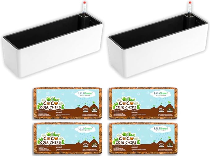 LaLaGreen Bundle - 2 Pack, 16 Inch White Self Watering Planter Box for Indoor Plant + 4 Pack, 500g Coconut Coir Chips for Plants Herb Garden Seedling Outdoor Planting Soil Vegetable Flower Orchids