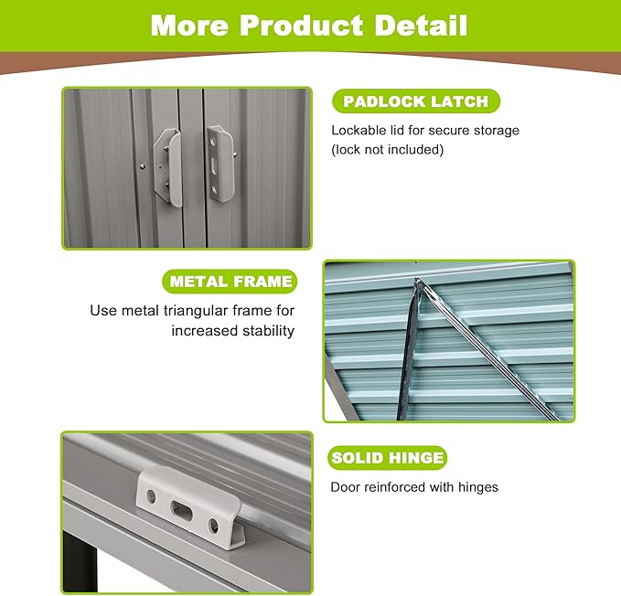 Outdoor Trash Storage Shed Waterproof Garbage Bin Shed Stainless Trash Container Storage for 3 Trash Cans Galvanized Steel Garbage Can Hider for Patio Garden Lawn, Gray