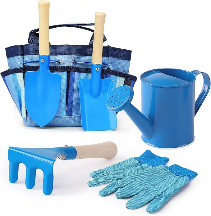 Kids Gardening Tools Set, Toddler Play Kit Child Outdoor Toy with Gloves, Watering Can, Metal Shovel, Rake, Spade & Storage Bag, Backyard Sand Digging Holiday Birthday Gift for Boy Girl 3 4 5 (Blue)