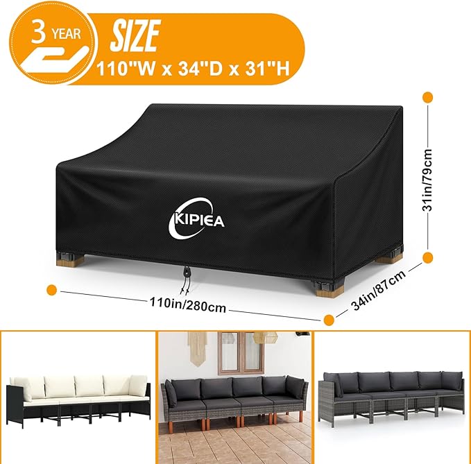 Kipiea Patio Sofa Cover, Heavy Duty Outdoor Couch Covers Waterproof Winter, 3-Seat Patio Furniture Cover Loveseat, Outdoor Sofa Covers with Anti UV and No Tears, No Fading (110"W x 34"D x 31"H)