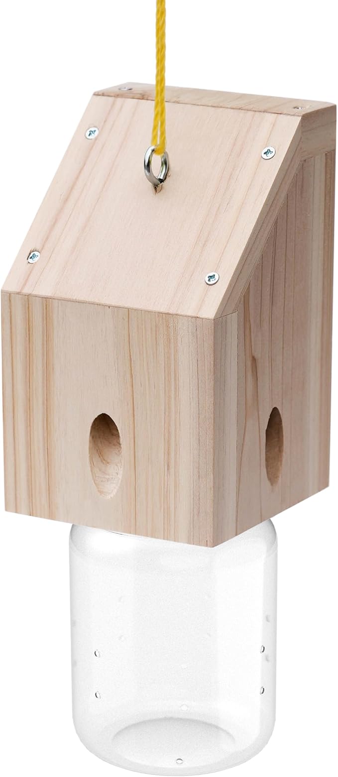 Carpenter Bee Trap for Outside - Shed Style Nature Hanging Wood Trap for Outdoor with Removable Bee Vault Plastic Jar (1 Pack)