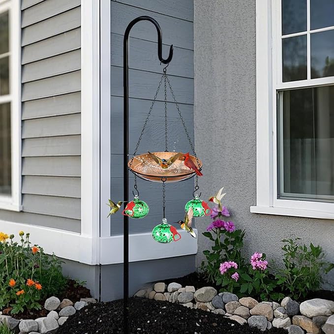 Wind Chimes Hanging Bird Feeders for Outdoors ＆ Bird Bath ＆ Hummingbird Feeders for Outdoors 3-in-1,Hand Blown Glass Hummingbird Feeder Balls,Detachable BirdBath(11in) Green-Chains