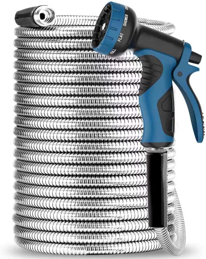 Torriweg 15FT Stainless Steel Garden Hose with 10-Pattern Nozzle, 304 Metal Braided, Lightweight and Kink Free, All Weather and Freeze Proof Flexible Hose
