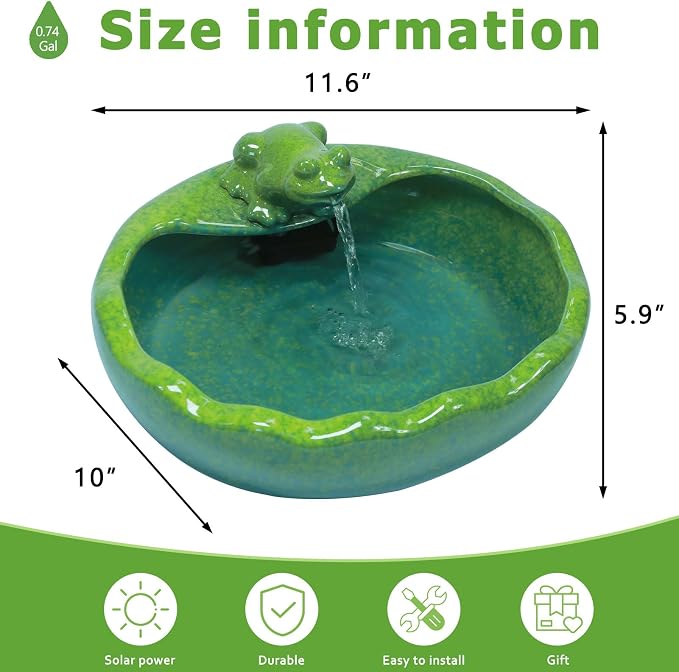 Ceramic Solar Water Fountain with Battery Backup, Solar Powered Water Fountain，Outdoor Water Feature Bird Bath for Garden, Patio & Yard Decor,Working at Night for at Least 6 Hours (Frog).