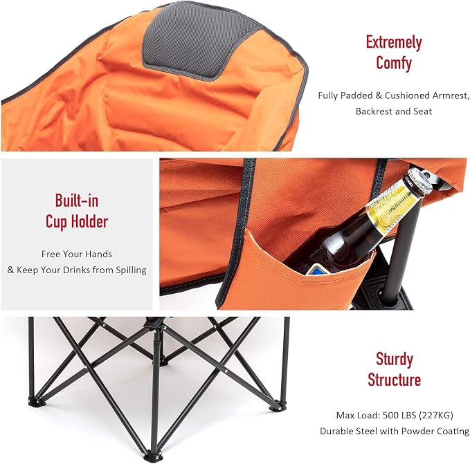 SUNNYFEEL Oversized Camping Chair Heavy Duty 500 LBS Portable Folding Chairs Orange Large Sofa Chair for Beach, Trip, Picnic, Lawn, Outdoor Camp Chair for Adults & Carry Bag