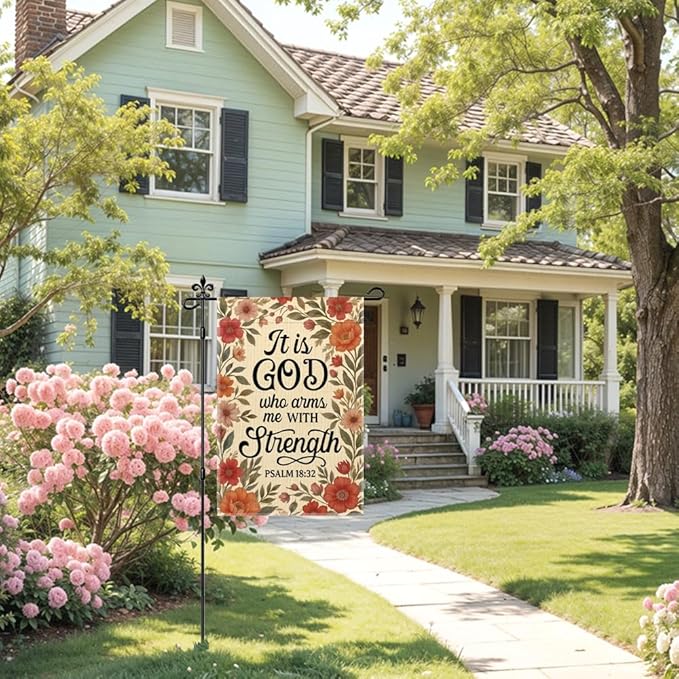 It Is God Who Arms Me With Strength Psalm 18:32 Garden Flag Double-Sided Yard Outdoor Decoration 12x18 Inch, Christian Floral Garden Decoration, Bible Home Banner, Religious Flag