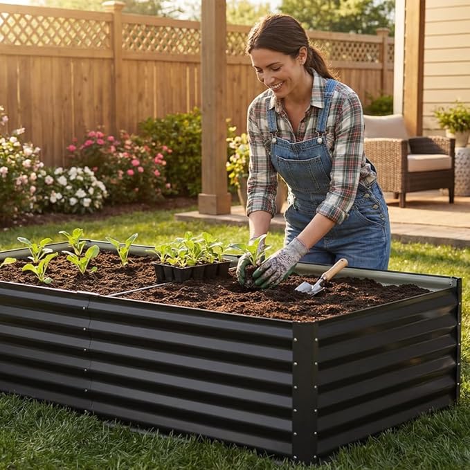 COMHOMA Raised Garden Bed 8x4x2ft,Galvanized Metal Planter Box Kit for Outdoor Gardening,Large Vegetable Flower Growing Beds with Gloves Tools,Black