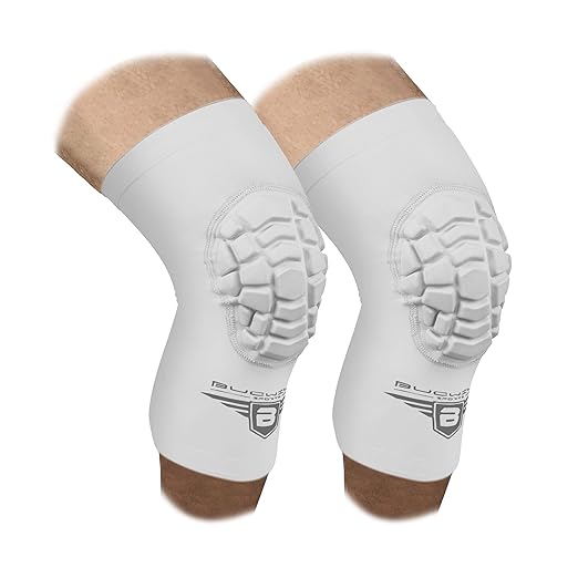 Bucwild Sports Volleyball Knee Pads | Padded Knee Compression Sleeves with Anti-Slip Grip & Flatten-Resistant Cushion | For Basketball, Volleyball, Wrestling & Training – 1 Pair (White, Medium)