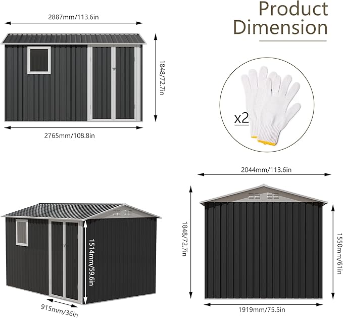 KEIKI 9x6 FT Metal Storage Shed with Window, Large Outdoor Backyard Shed for Tools & Equipment, Durable Galvanized Steel Garden Shed for Patio or Tiny House Use, Gray