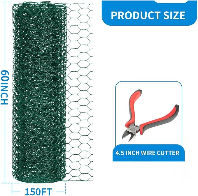 60'' x 150' Green Chicken Wire Fencing, 1 inch Chicken Wire and 19 Gauge Poultry Netting, Garden Mesh Fence Roll for Floral Arrangements/Crafts/Farm/Livestock/Pet Protection