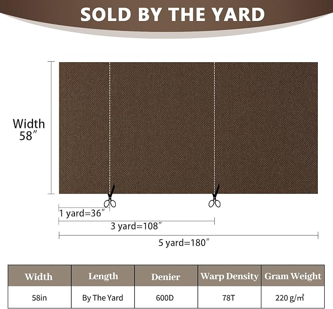 Waterproof Canvas Fabric by The Yard 58inch 600D Upholstery Material Polyester Fabric Outdoor Water Resistant Fabric for Sewing Chair Patio Cushion Purse Bag Interior, 15 Yard Brown