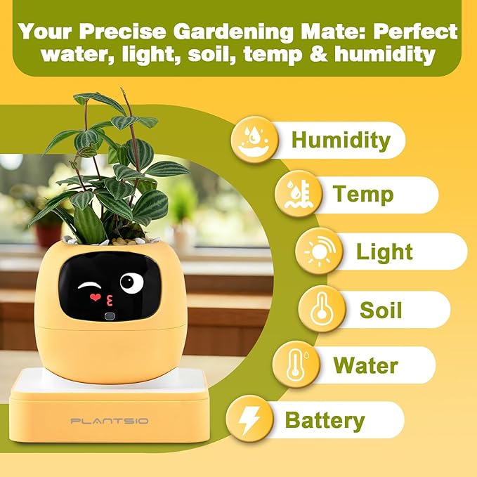 Smart Planter with App Control, Self-Watering AI Plant Pot with LCD Display, Interactive Desk Plant Companion for 100+ Plants, Smart Indoor Planter with Pomodoro Timer,80ml Reservoir,Calendar-Yellow