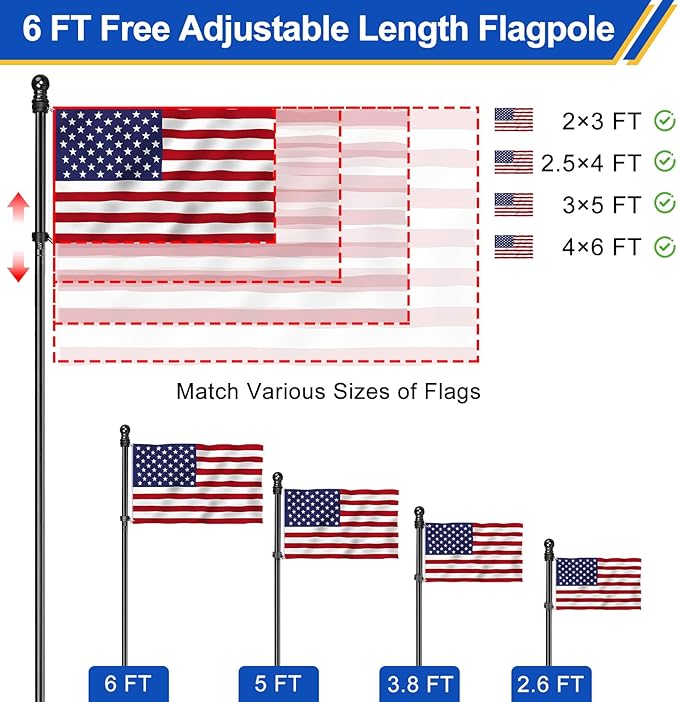 Flag Pole for Outside House, Heavy Duty Metal Flagpole for Residential, Outdoor or Porch, Stainless Steel Flag Poles, Upgraded Tangle Free Design, 1 Inch (6 FT, Black)