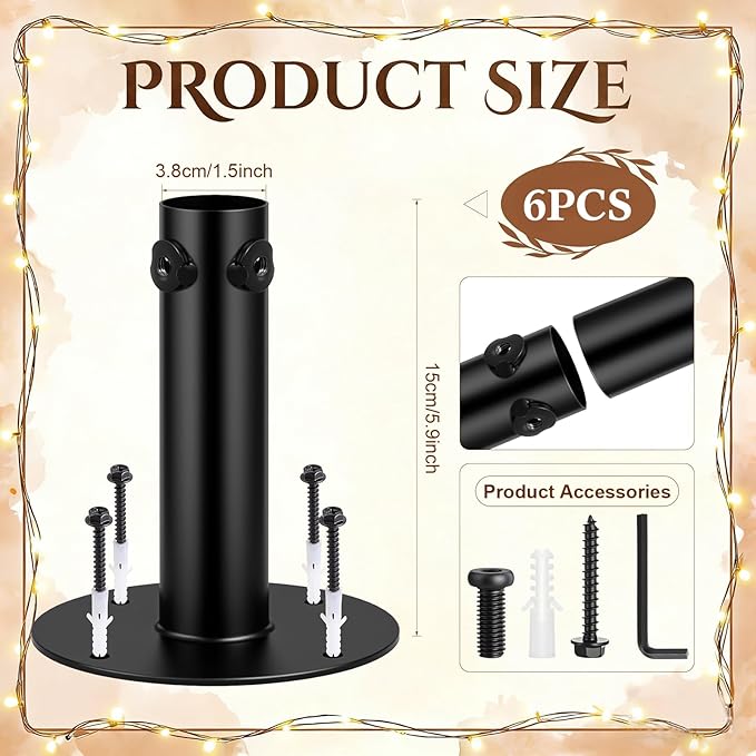 6 Pack String Light Pole Base for Planters, Heavy Duty Metal Holder for Outdoor Patio String Lights, Fits 1.5 Inch Poles, Rust Resistant Mount with Screws for Backyard Garden Decor