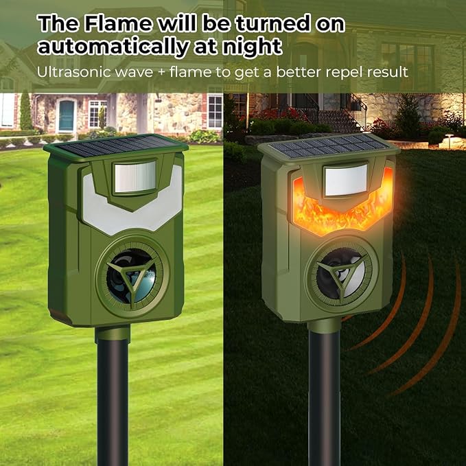 Solar Ultrasonic Deer Repellent Outdoor Solar Animal Repeller Motion Activated Cat Repellent Device 2 Pack Humane Dog Racoon Squirrel Deterrent for Garden Yard Farm Waterproof